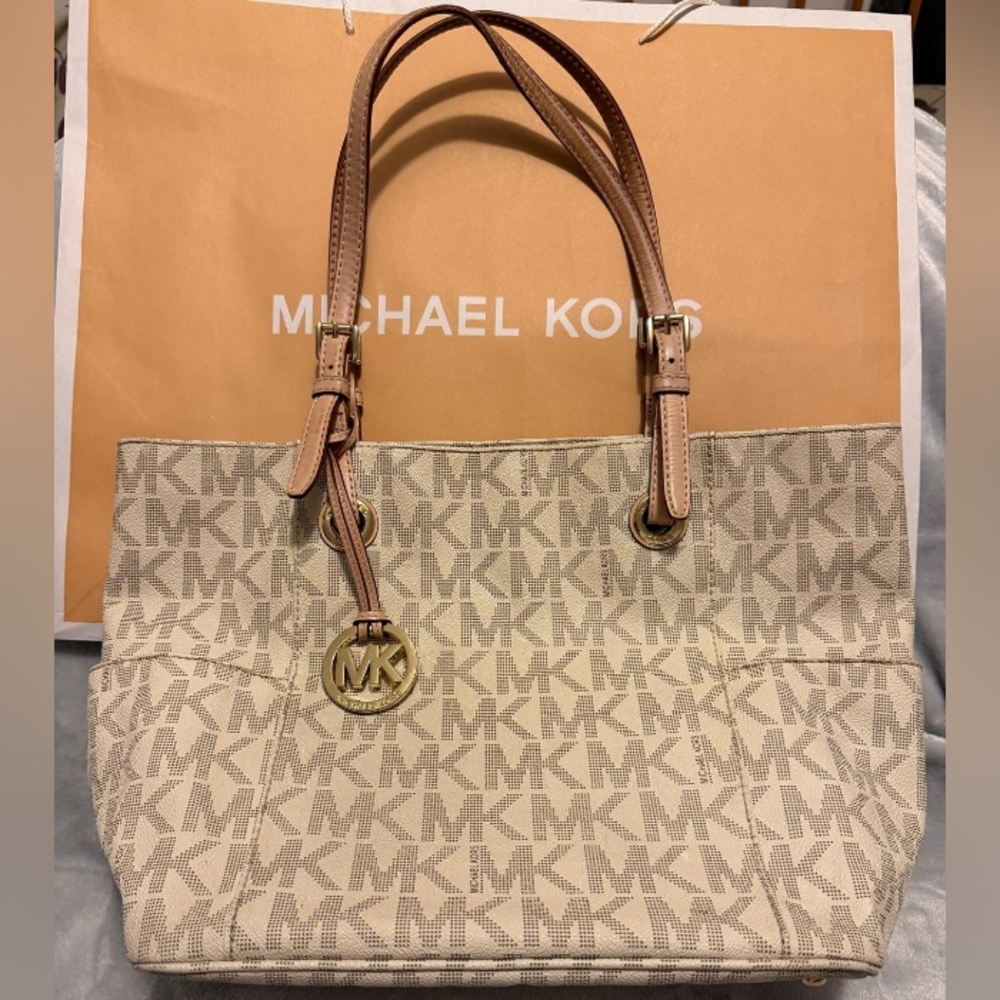 Authentic Michael Kors Beige MK Logo Tote Bag